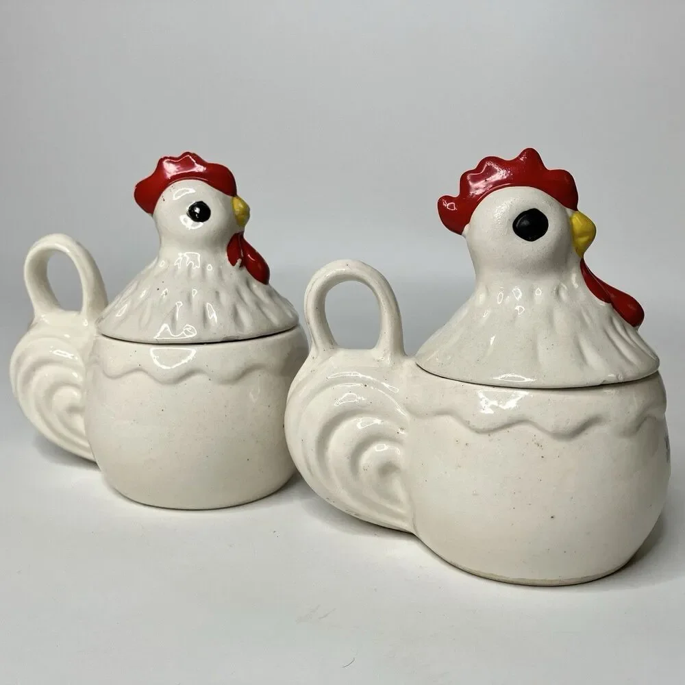 Vtg Rooster & Chicken Hen Coffee & Sugar Bowls Spanish Folk Art White Farmhouse
